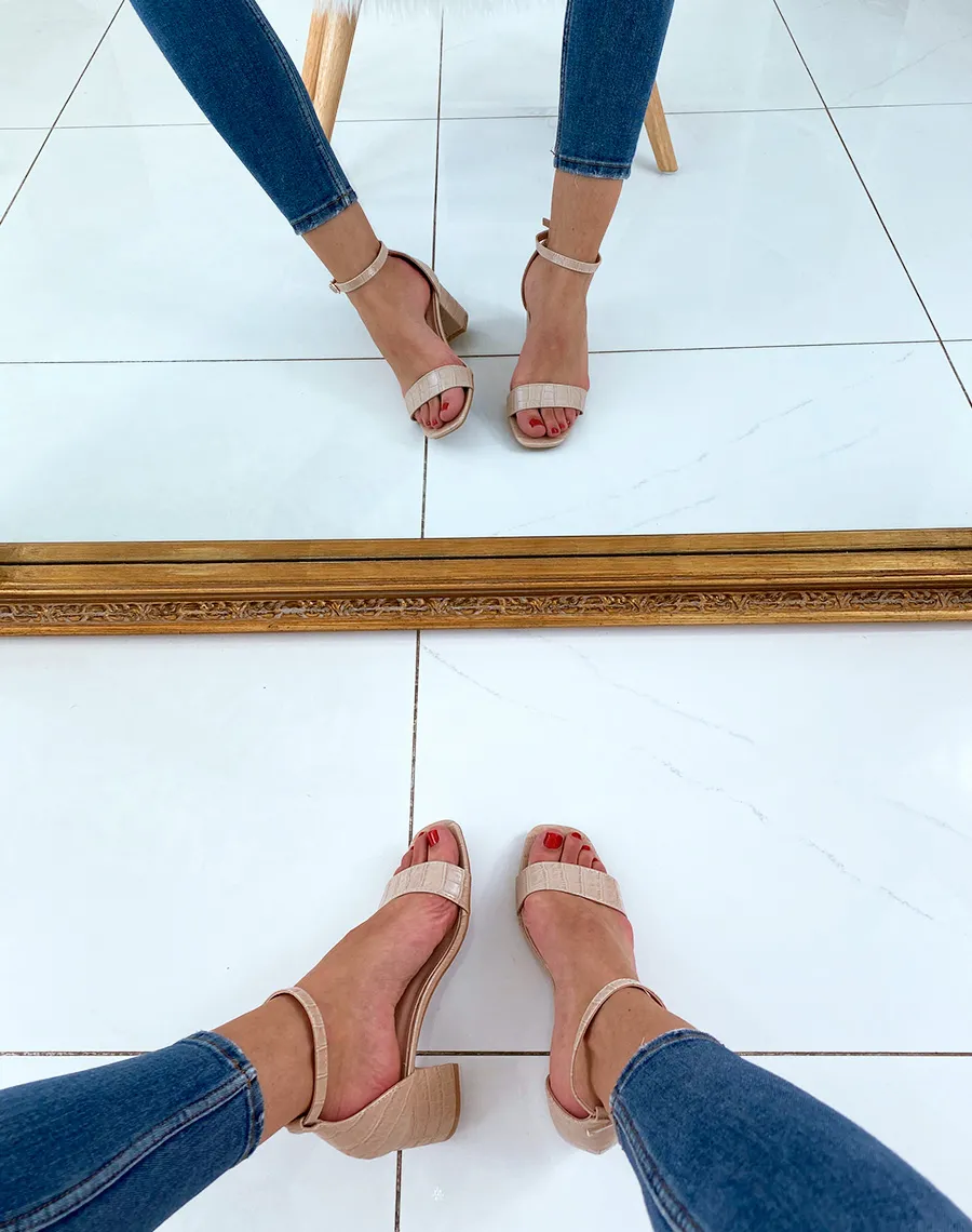 Beige Croc-Effect Sandals with Low Heel