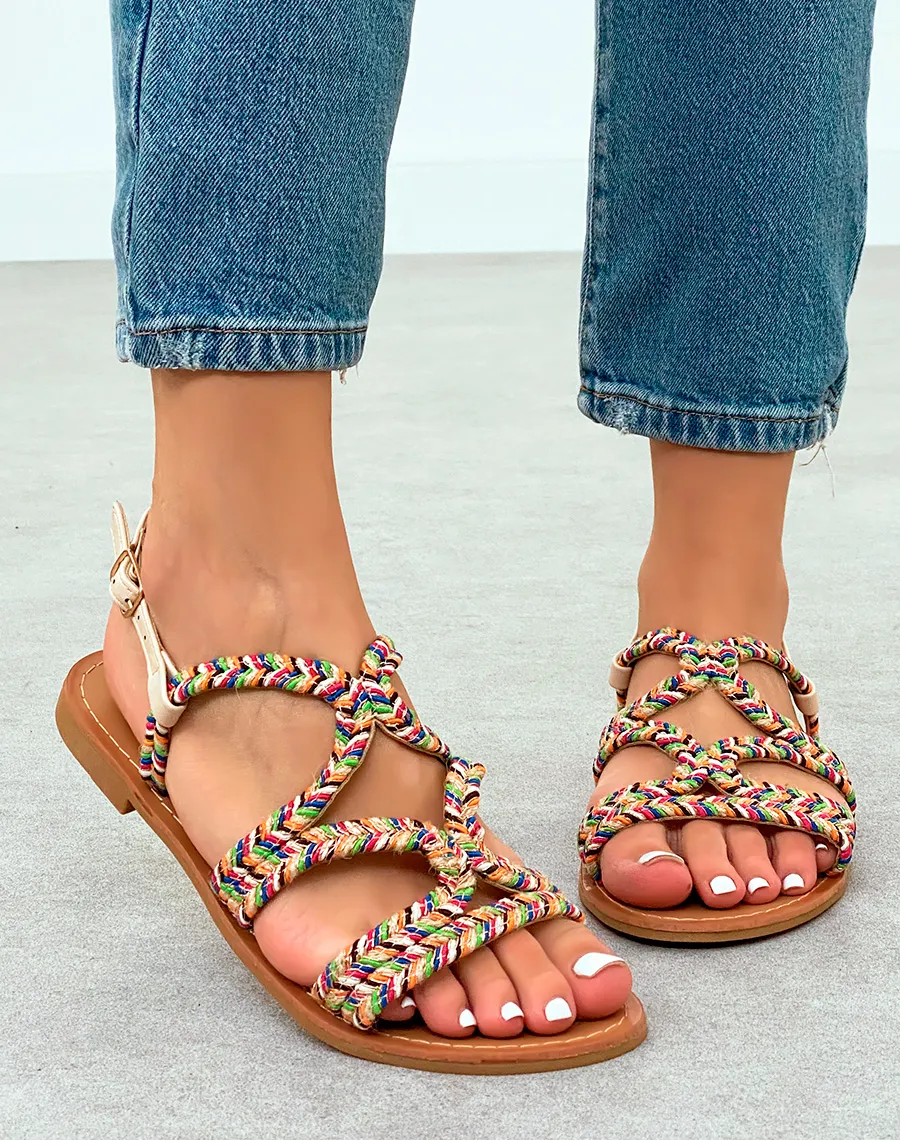 Beige Women's Sandals with Colorful Rope Detail