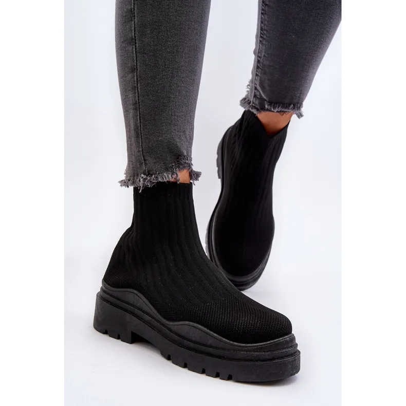 Black Slip-On Sock Boots for Women with Chunky Sole - Elipara Black
