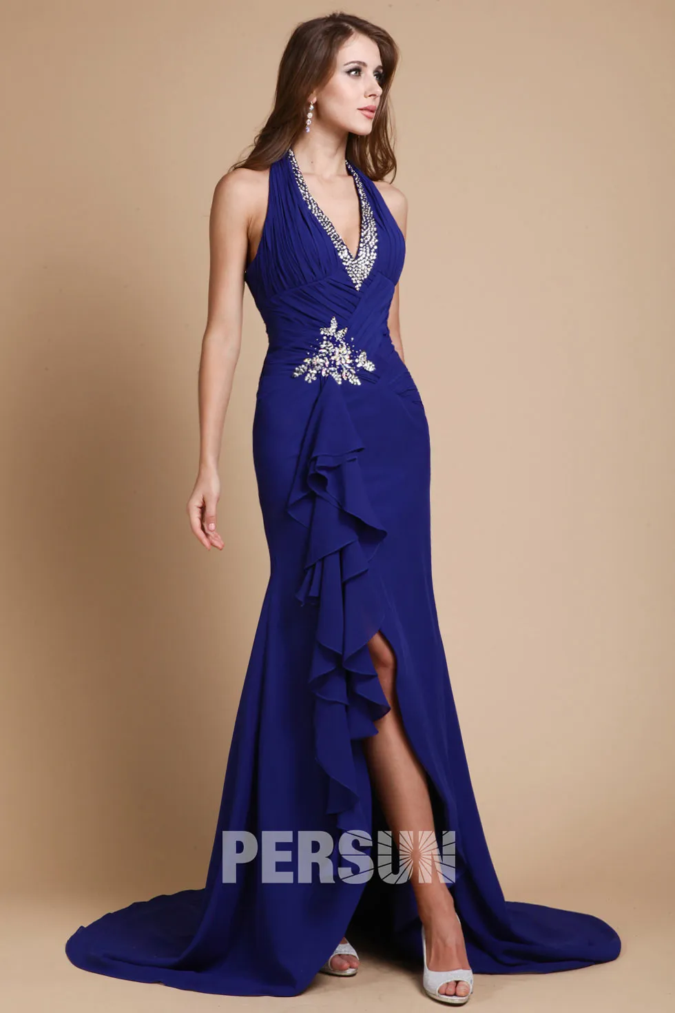 Blue Ball Gown Dress V-neck Halter Wrap Slit Dress
