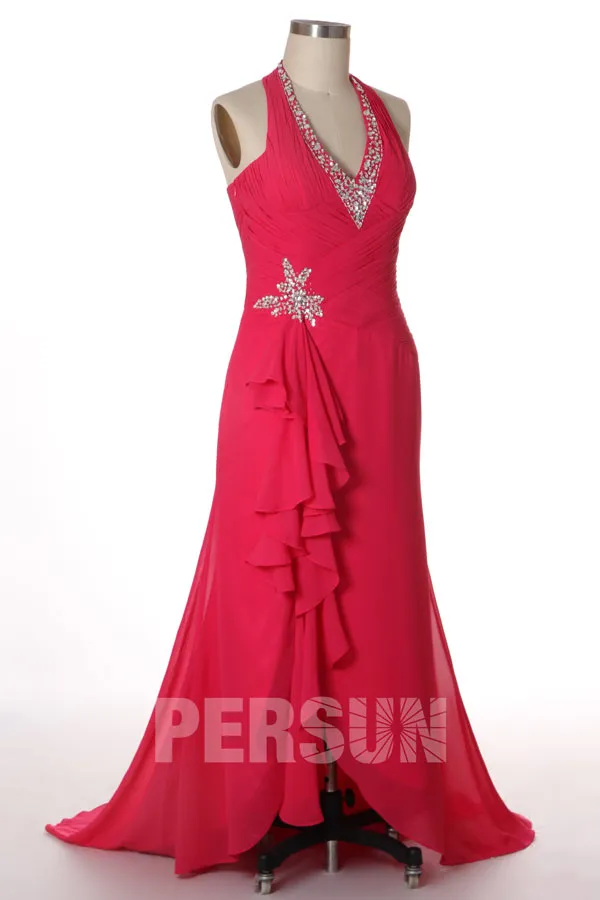 Blue Ball Gown Dress V-neck Halter Wrap Slit Dress