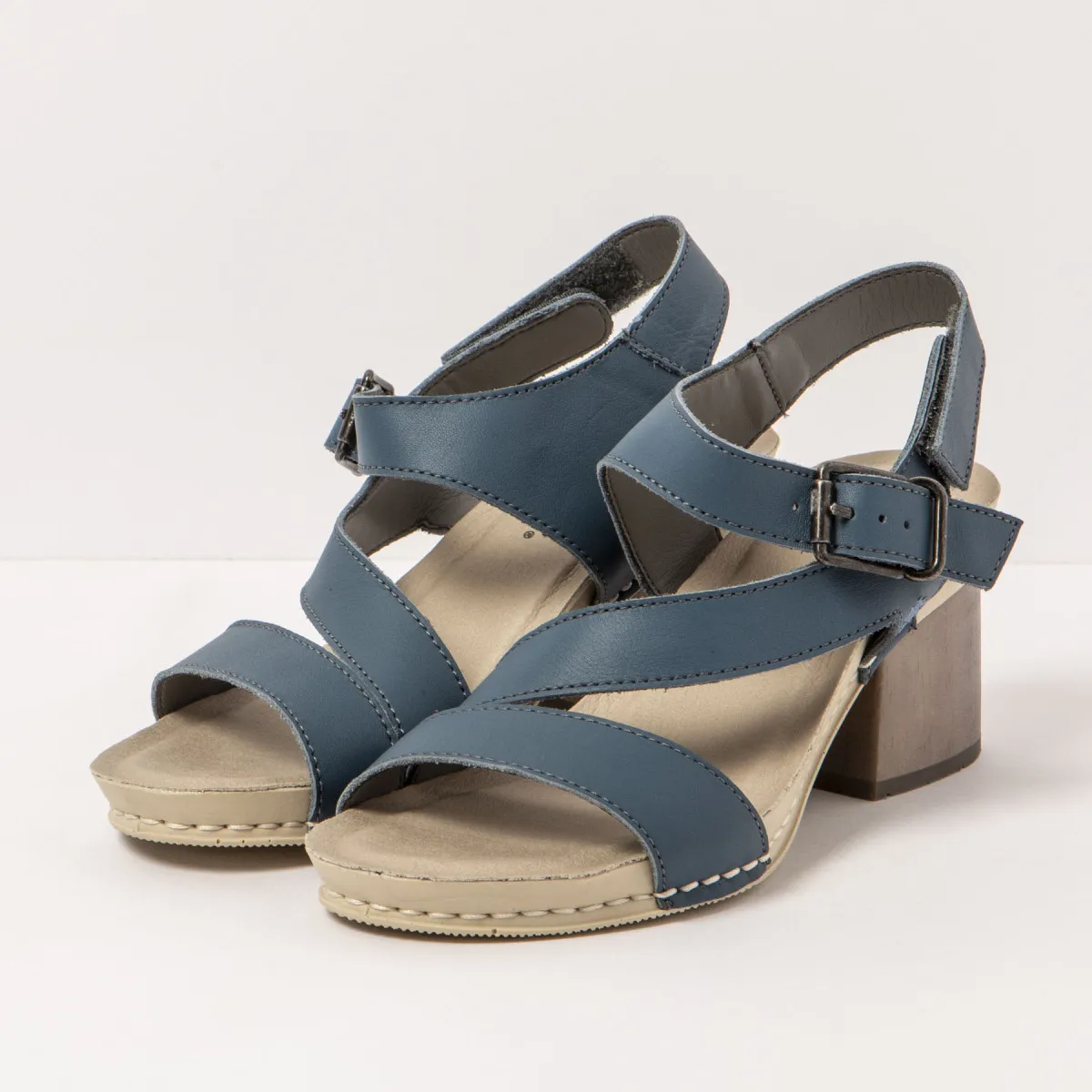 Blue leather multi-strap high heel sandals.
