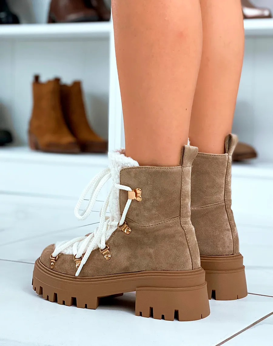 Beige Lace-Up Boots with Soft Padding Detail: Comfort and Style.