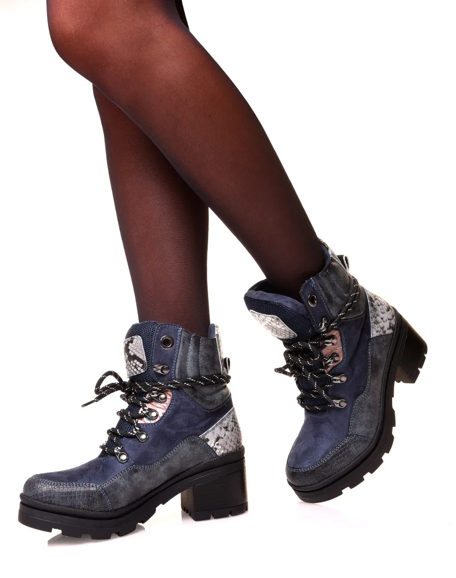 Blue High-Top Suede Lace-Up Booties with Python Details.