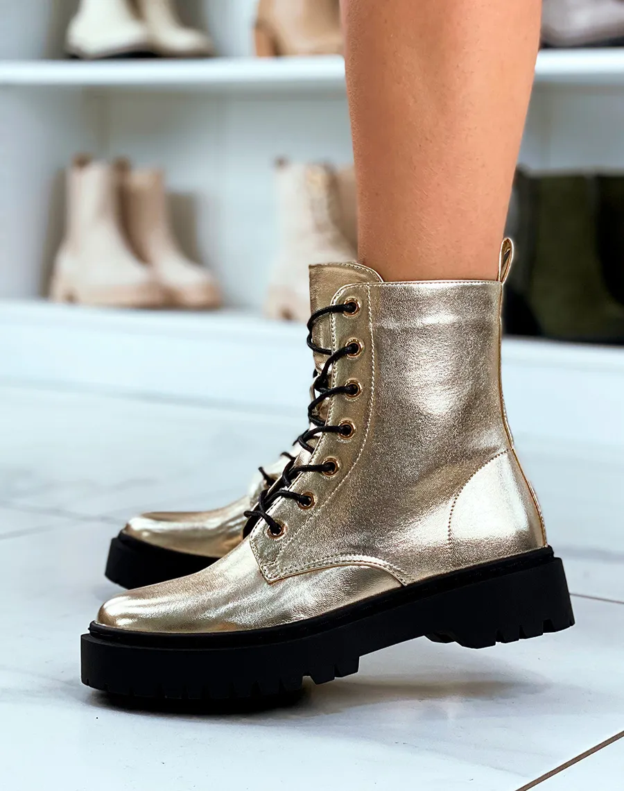Gold Lace-up Booties with Lug Sole for Women - La Redoute