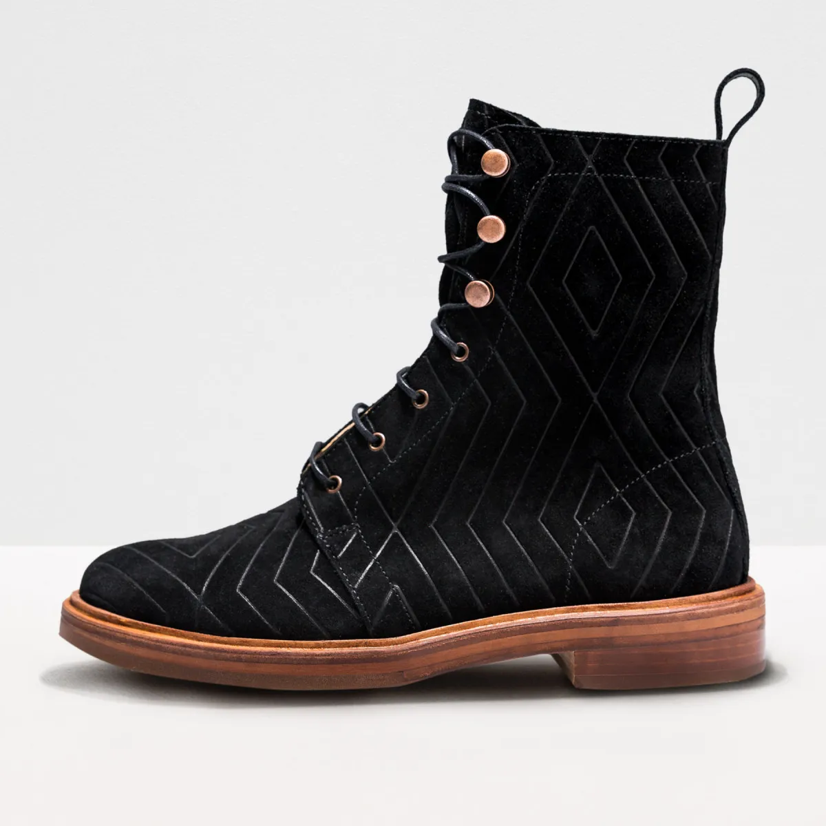 Fancy Black Suede Leather Lace-Up Ankle Boots