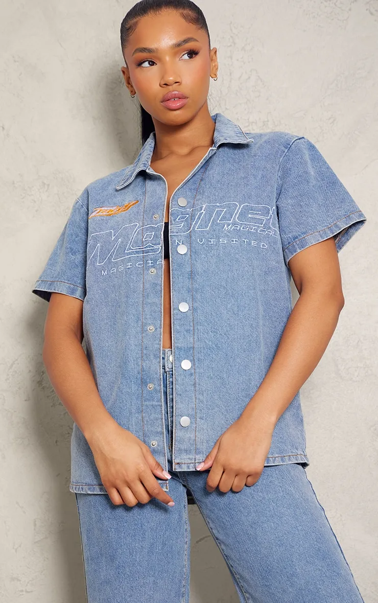 Chemise style pilote en jean délavage bleu clair à manches courtes