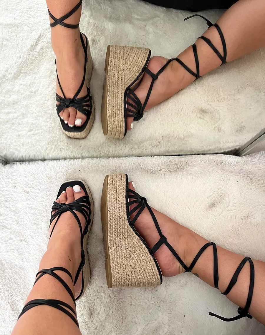 Black Faux Leather Lace-Up Wedge Sandals