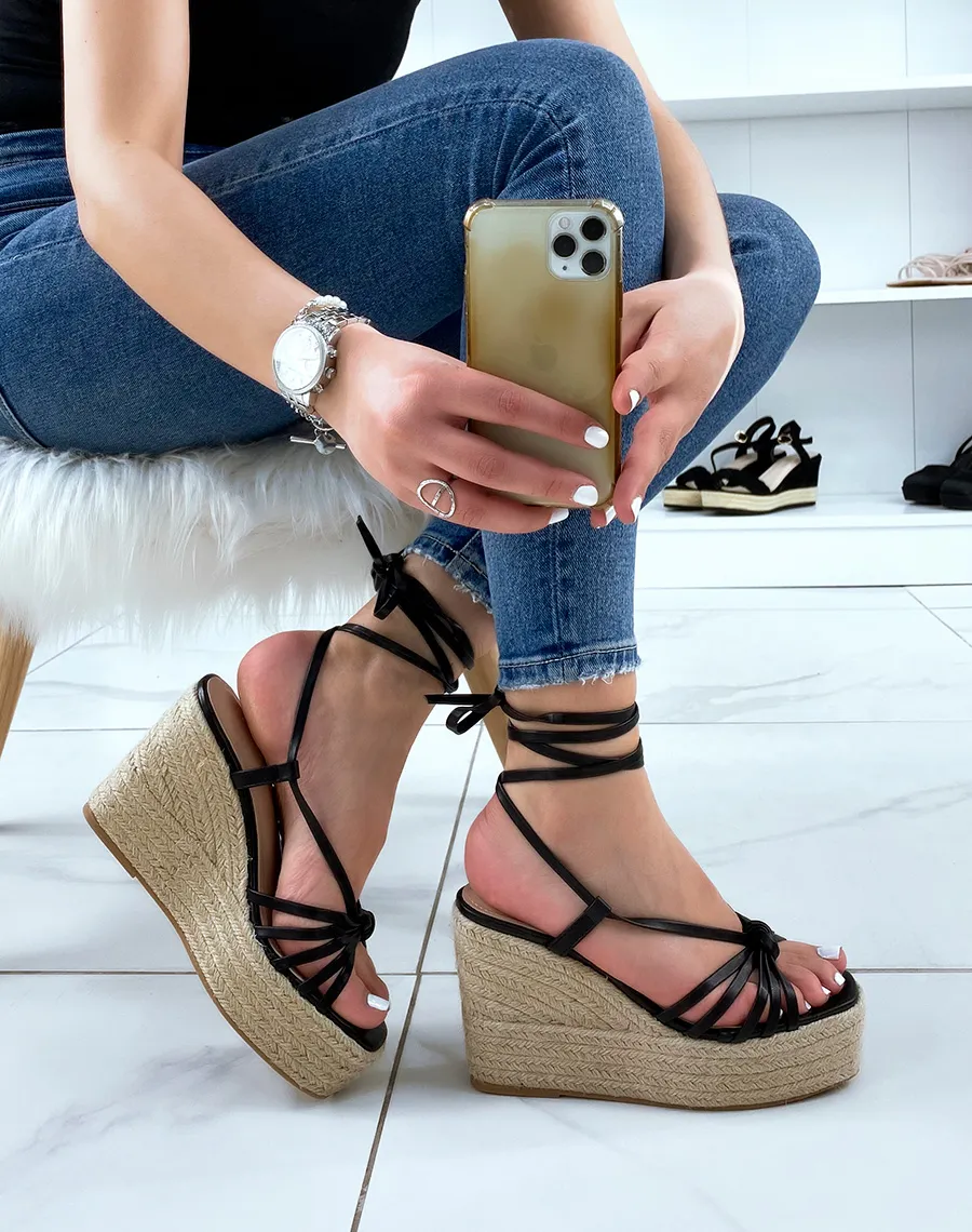 Black Faux Leather Lace-Up Wedge Sandals