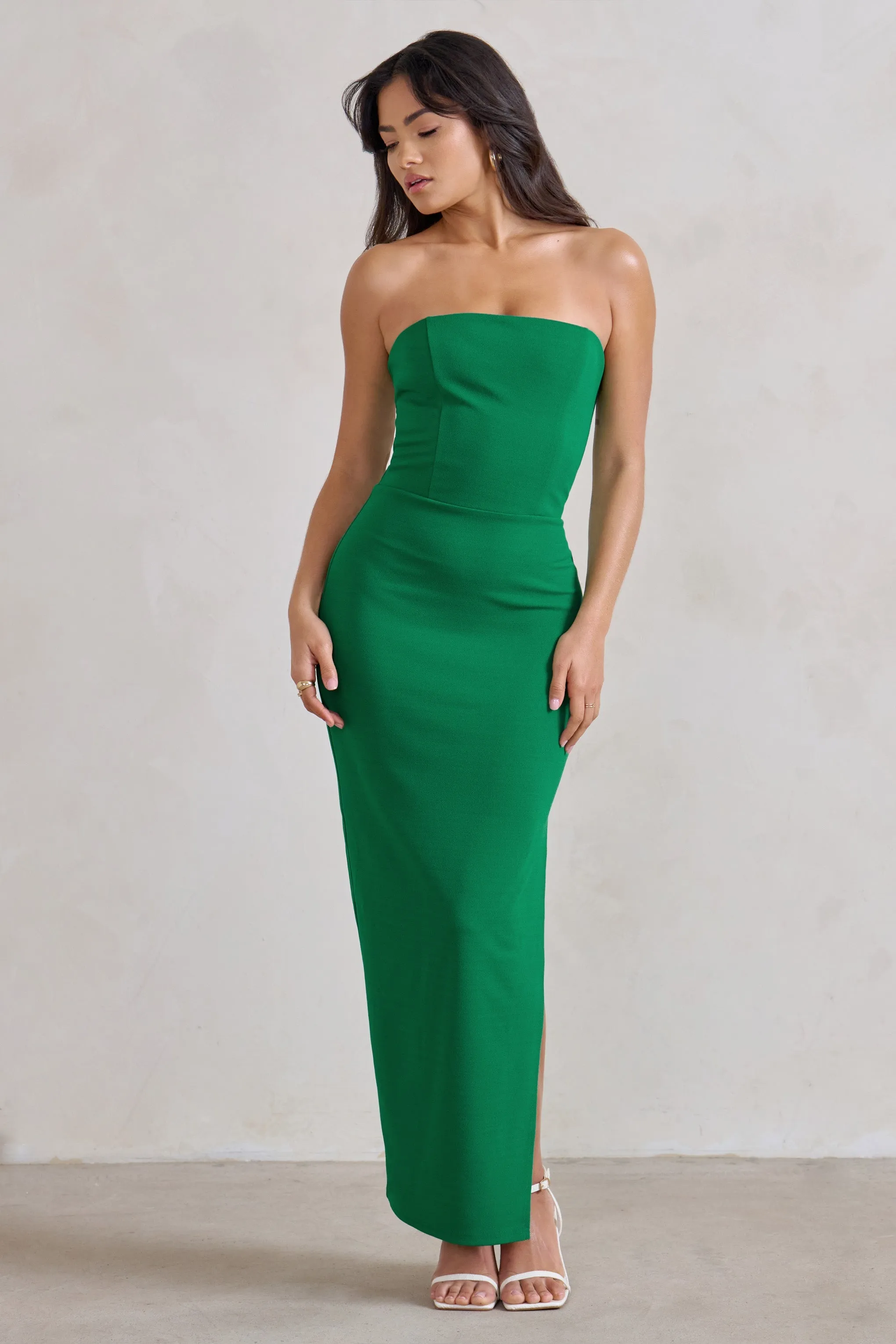 Dina | Long Green Bandeau Dress with Slit