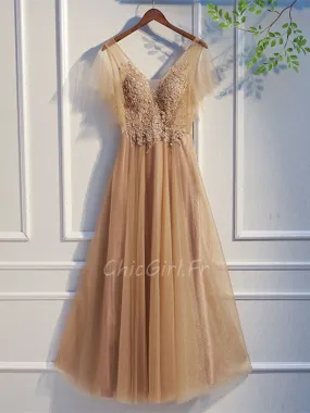 Gold Tulle Ruffled Sleeve Evening Ball Gown with Deep V-Neck Open Back
