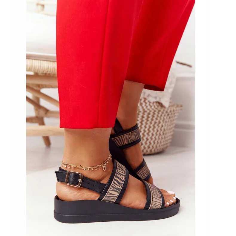 Laura Messi 2232 Black Beige Leather Wedge Sandals