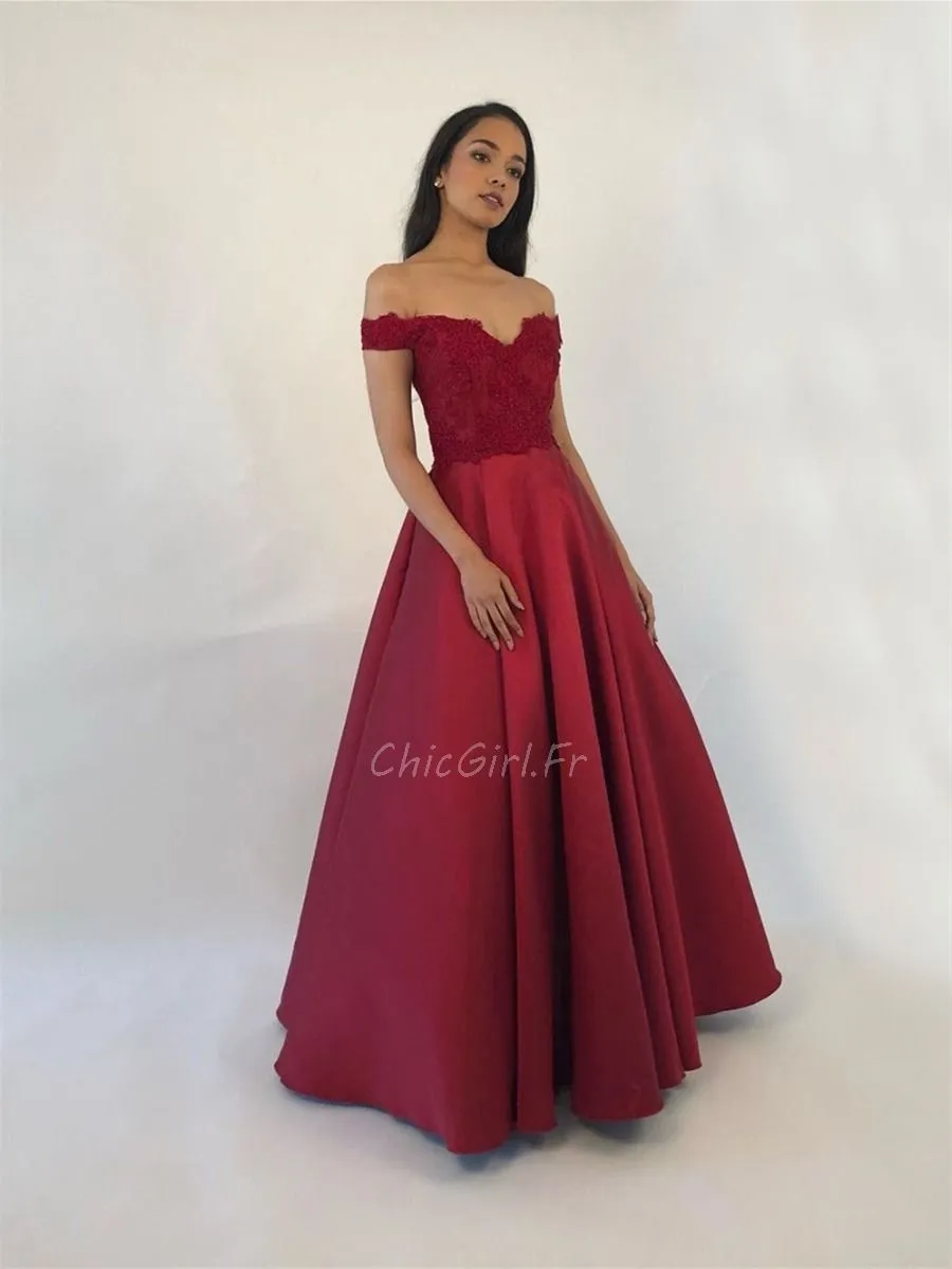 Long Bordeaux Lace Satin Off-Shoulder Evening Gown