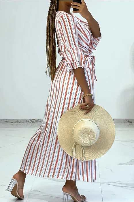 Long striped orange dress with 3/4 ruffle sleeves in vintage style