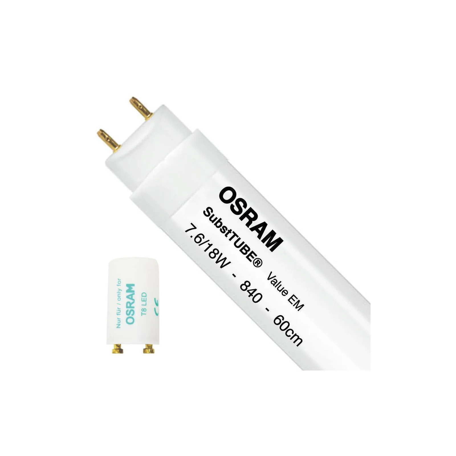 Osram Tube LED T8 SubstiTUBE Value (EM/Direct 230V) Standard Output 7.6W 800lm - 840 Blanc Froid | 60cm - Équivalent 18W