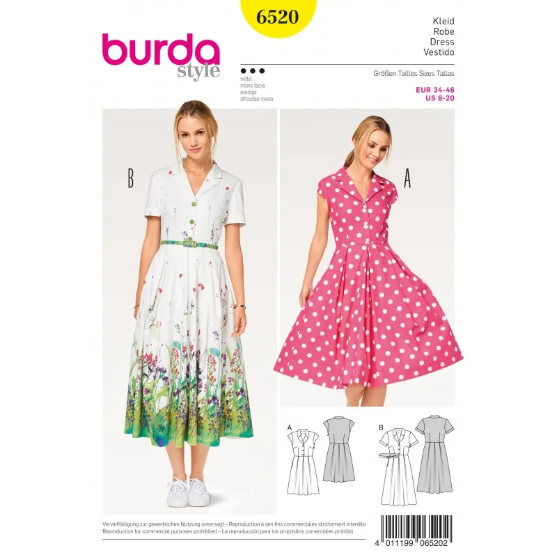 Patron Robe style chemise jupe plissée Burda N°6520