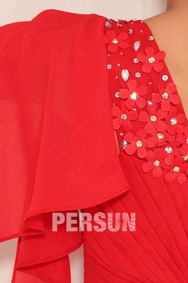 Red ball gown dress with cap sleeves V-neck.