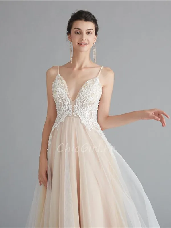 Champagne Tulle Lace Spaghetti Strap Long Wedding Dress