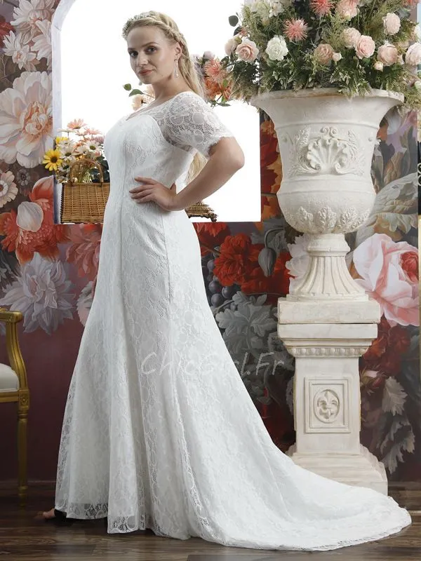 Plus Size Short Sleeve Lace Mermaid Wedding Dress