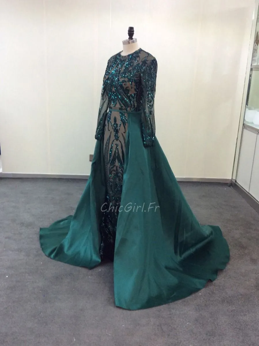 Robe De Soirée Brillante Manche Longue Vert Sapin Col Montant Avec Traine Amovible