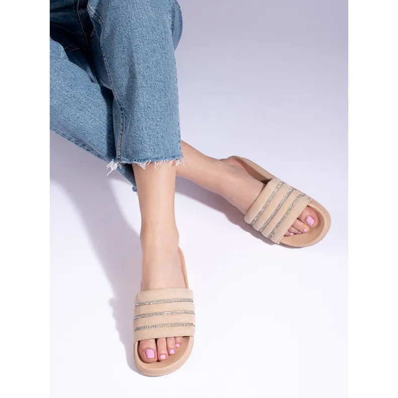 Shelovet Women's Beige Rhinestone Slides