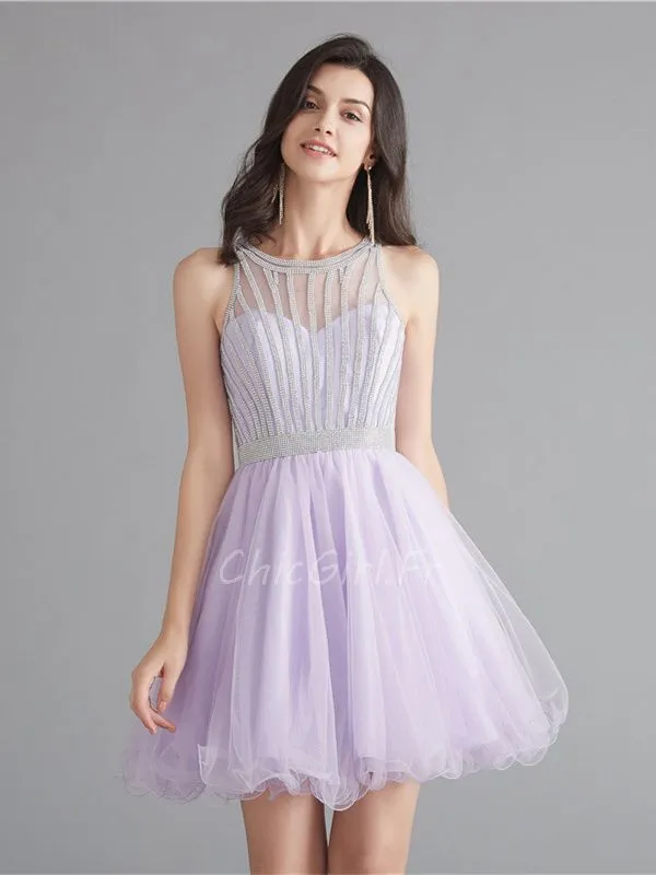 Short Purple Tulle Cocktail Dress with Rhinestones and Mock Neck.