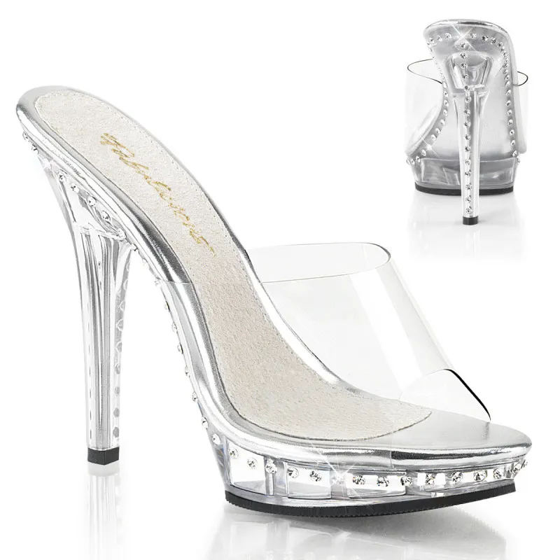Silver Rhinestone Clear Strap Platform Mules with Plexi Stiletto Heels