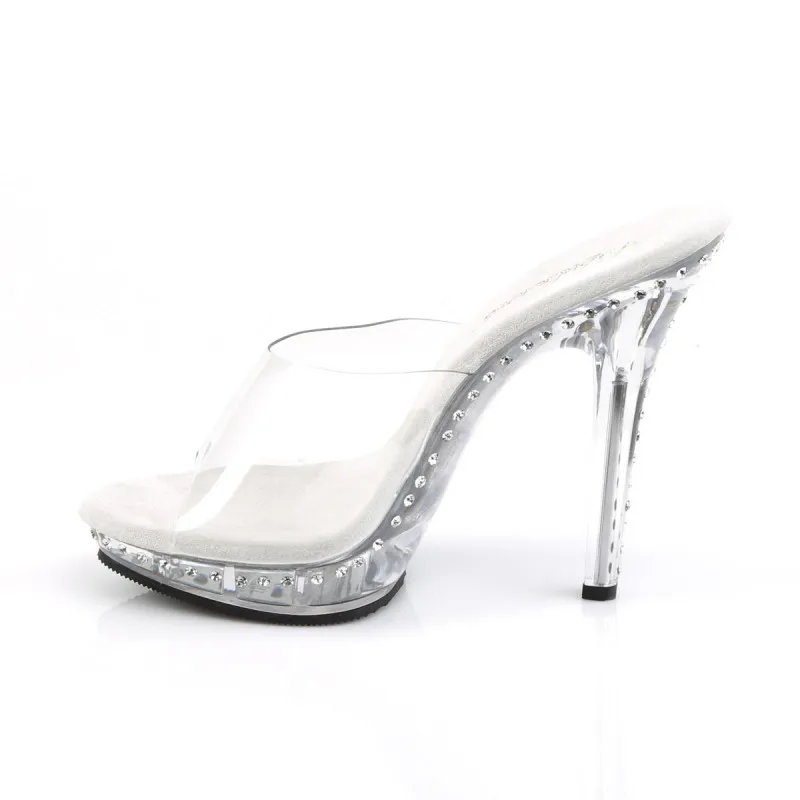 Silver Rhinestone Clear Strap Platform Mules with Plexi Stiletto Heels