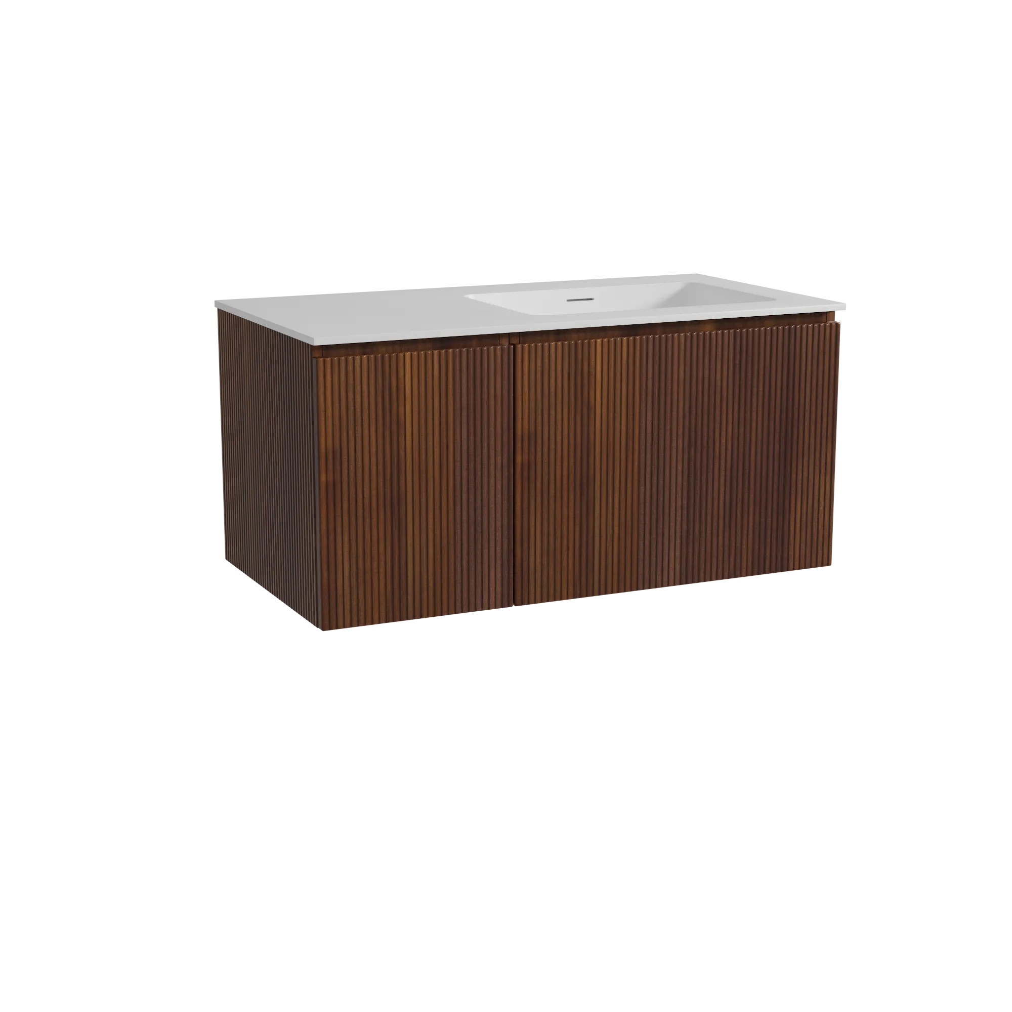 Storke Ribs meuble salle de bains suspendu 100 x 52 cm noyer avec Mata plan vasque asymétrique à droite en solid surface blanc m
