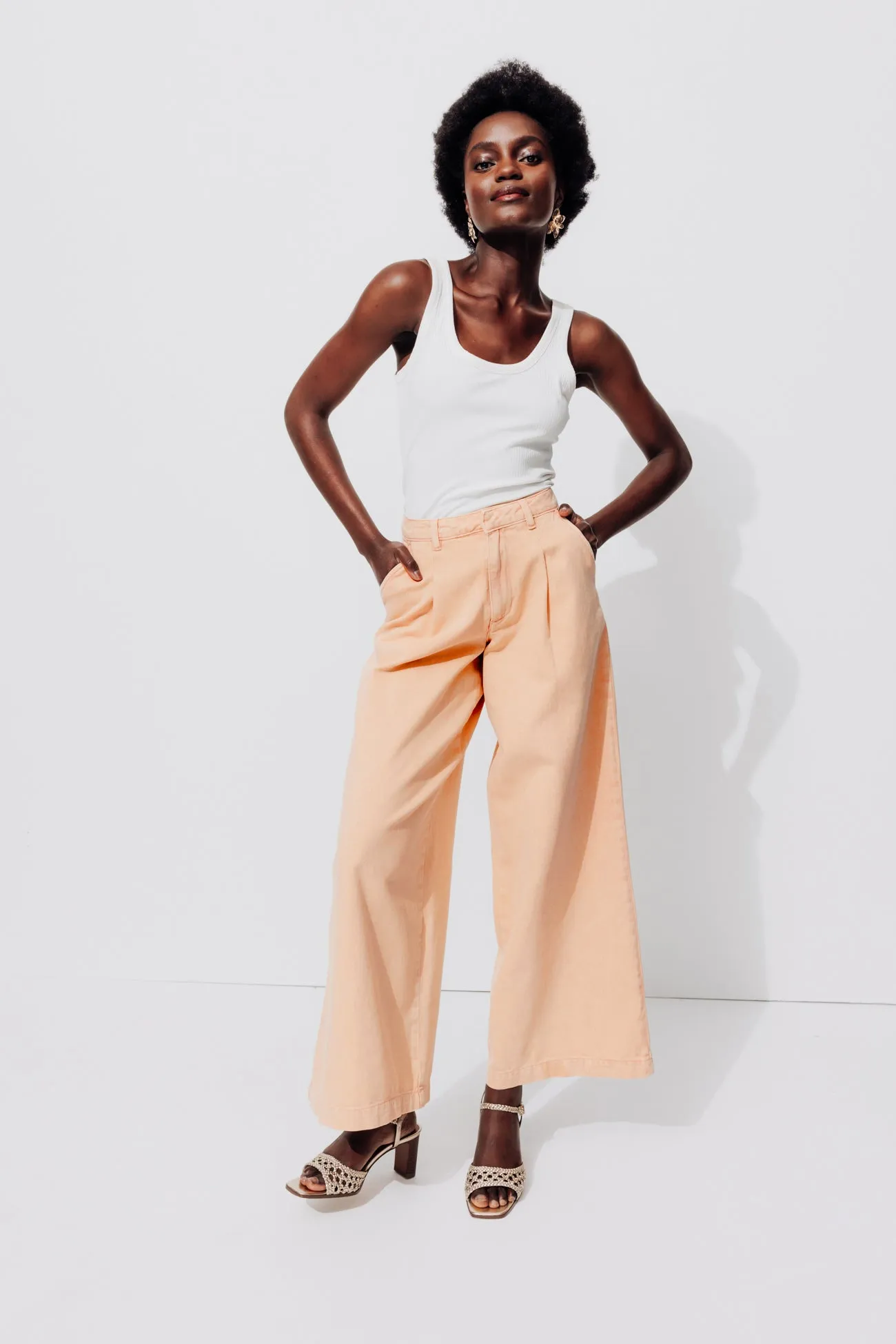 Wide Leg Pleated Women's Pants - Neon Orange